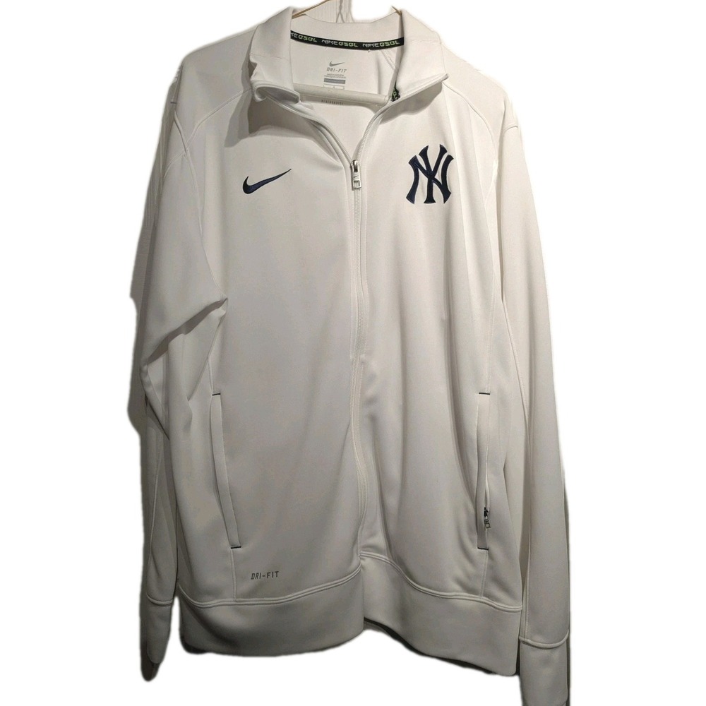 New York Yankees Nike Dri Fit Jacket Men L Wht MLB Baseball Full Zip Pockets EUC